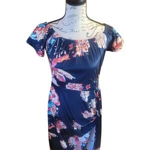 Blue Floral Off‑Shoulder Party Dress L High Slit Silky Bodycon Back‑Zip
